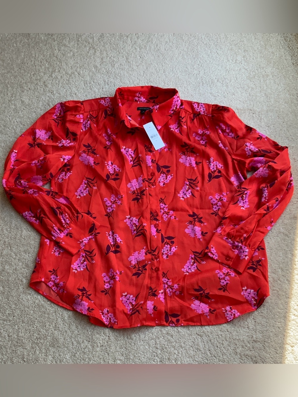 Ann Taylor Red Blouse with Pink Floral Print